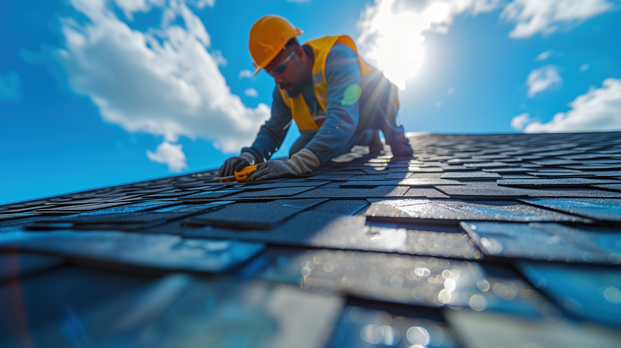 Homme travaillant sur un toit en plein soleil.